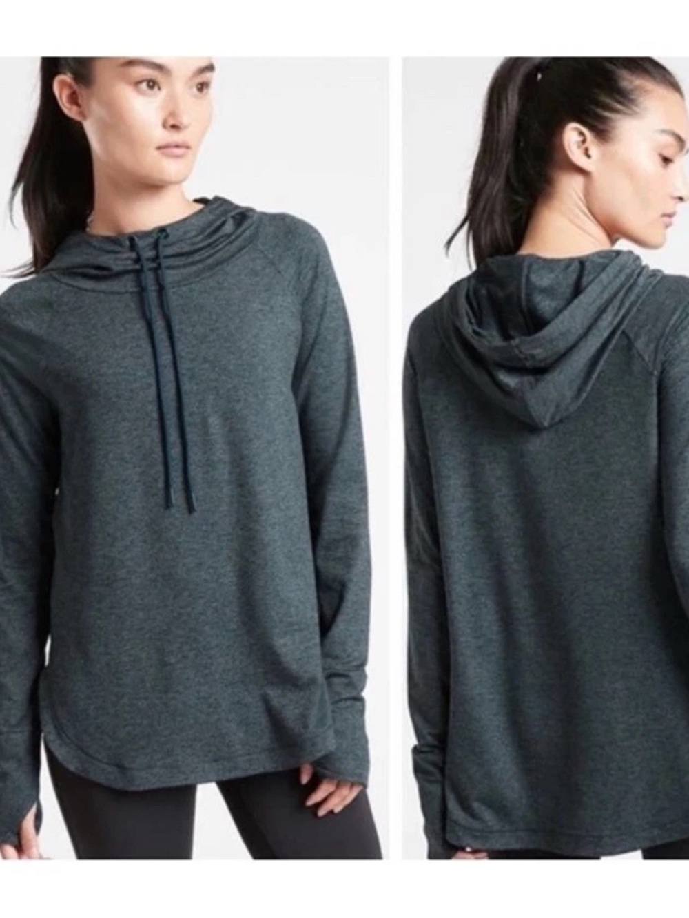 Athleta Top Uptempo Elevate Cowl Hoodie Heathered Dark Teal Long Sleeves XS